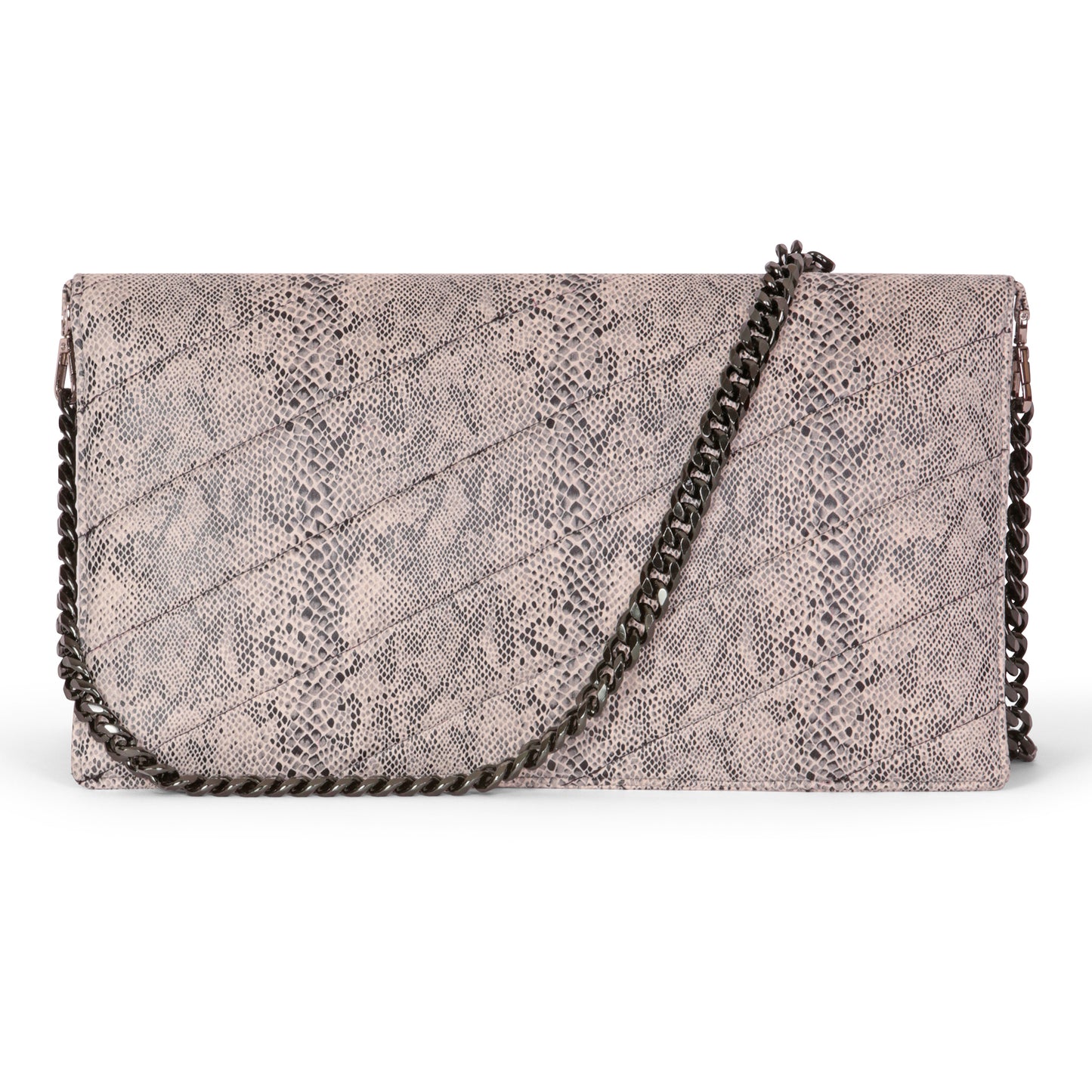 Snake print quilted laptop clutch bag with chain strap on a white background