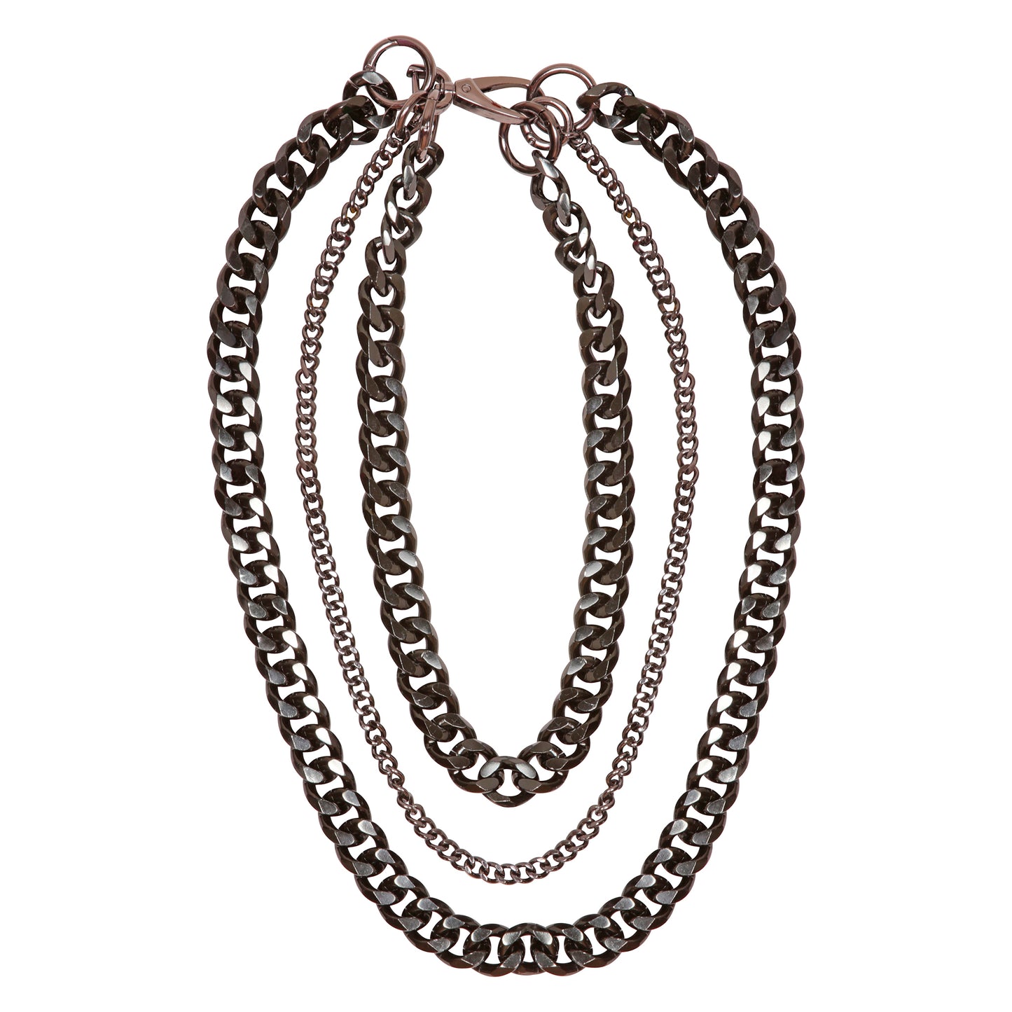 Set of three aluminium and metal chain necklaces on a white background