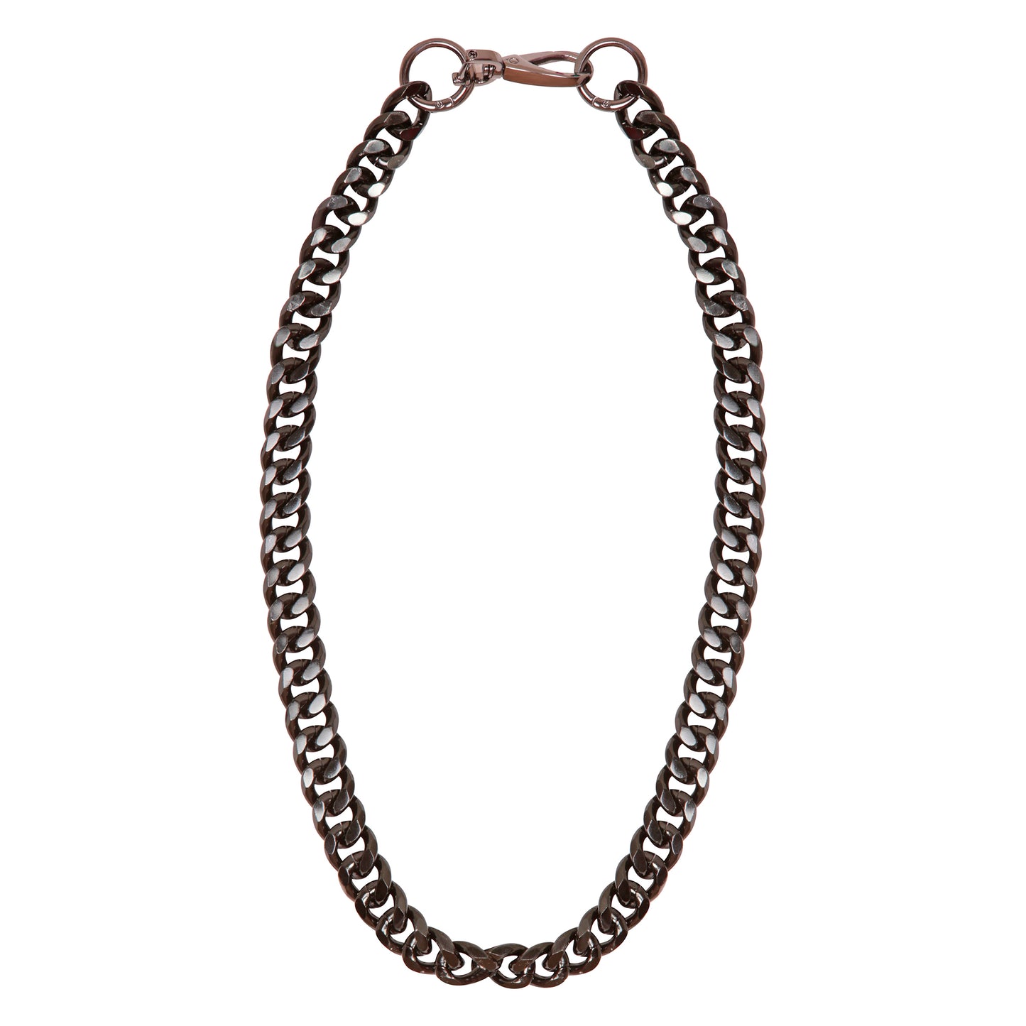 Black Aluminium chain necklace on a white background. Single tier long