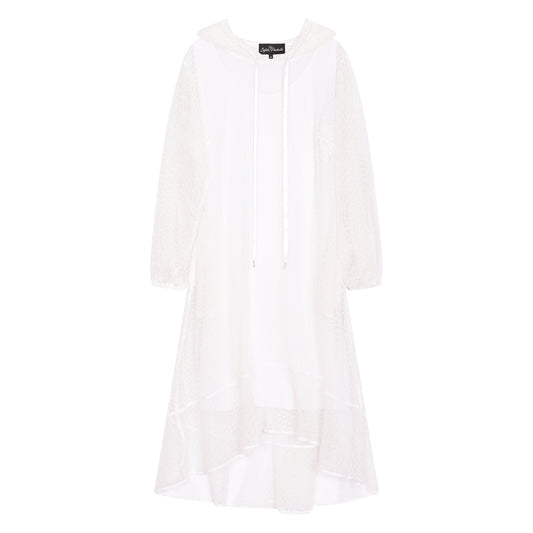 Women's Aphrodite White Holiday Resort Dress with white undergarment and hoodie, shown in a cutout image to highlight its design and details.