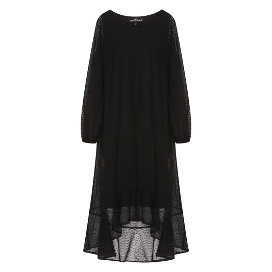 Women's Aphrodite Black Holiday Resort Dress with black undergarment, shown in a cutout image to highlight its design and details.