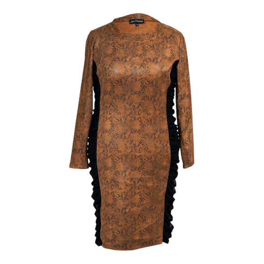 Women's Plus Size Black Brown Animal Print Bodycon Midi Vegan Leather Dress displayed as a cutout on an invisible mannequin.