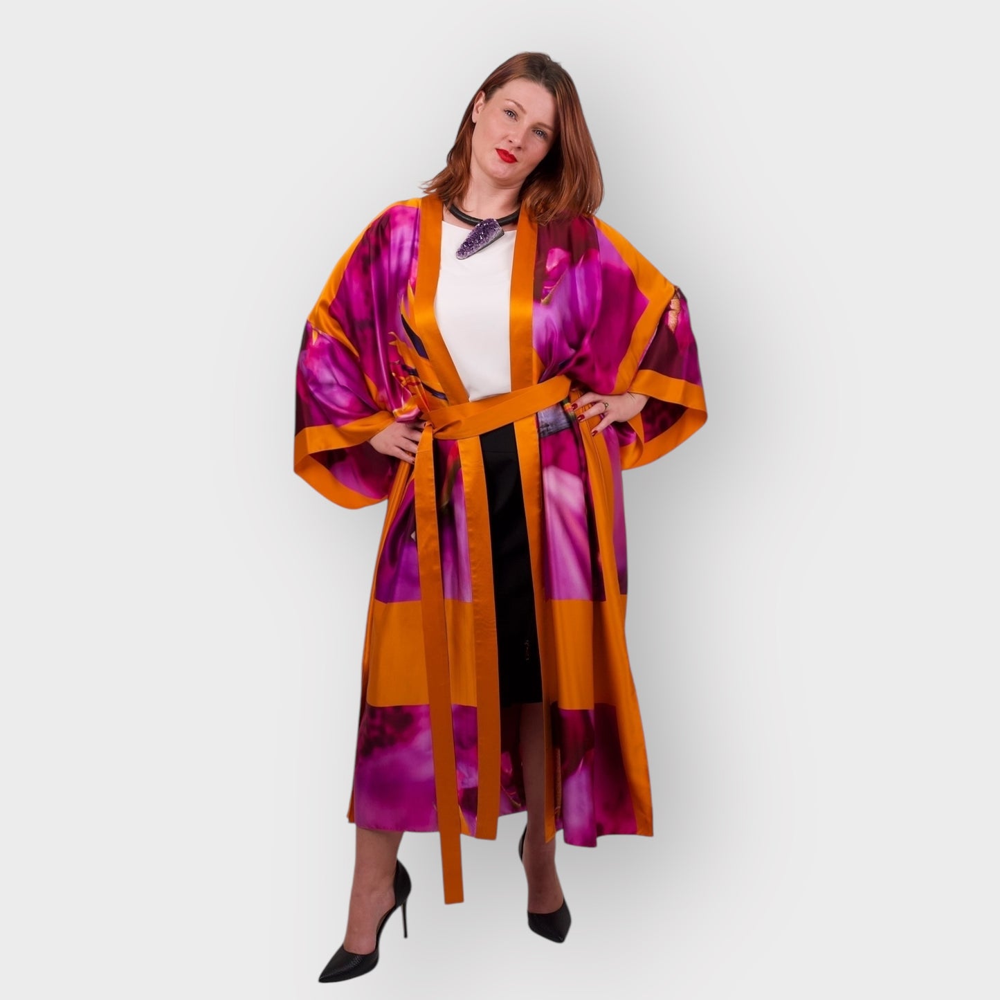 Womens Bird of Paradise Pink Purple Silk Kimono styled with a white blouse, black pencil skirt, and Jewelry by Veronique Designs for a chic outfit.