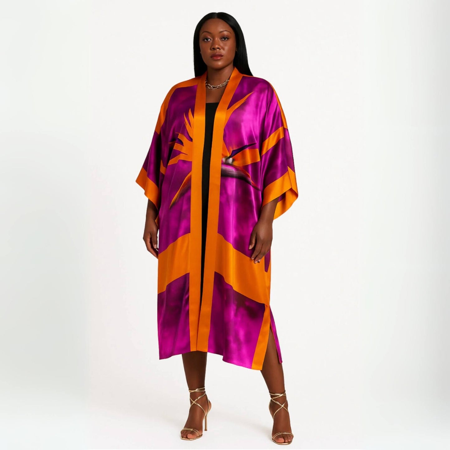 Women's Bird of Paradise Pink Purple Plus Size and Mid Size Silk Kimono on white background.