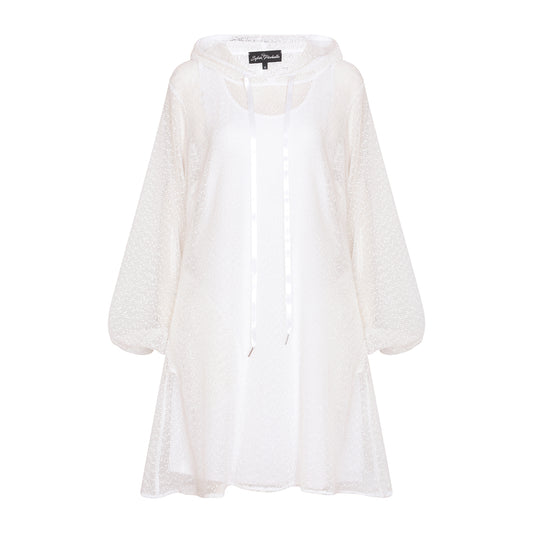 Plus Size Aphrodite White Holiday Resort Dress with matching white undergarment and hoodie on mannequin. Short Version as a cut out from the front.