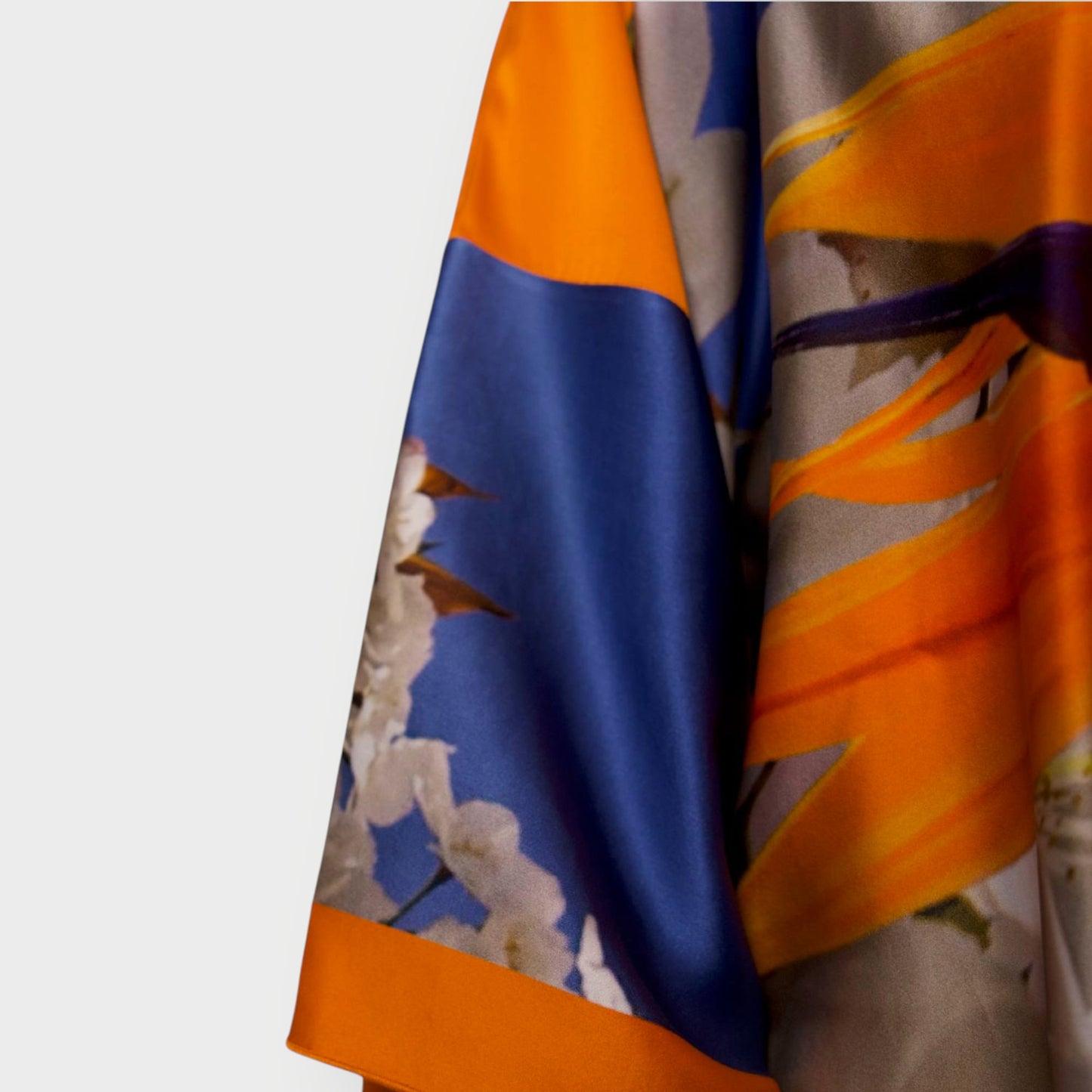 Bird of Paradise Cherry Blossom Silk Kimono close up.
