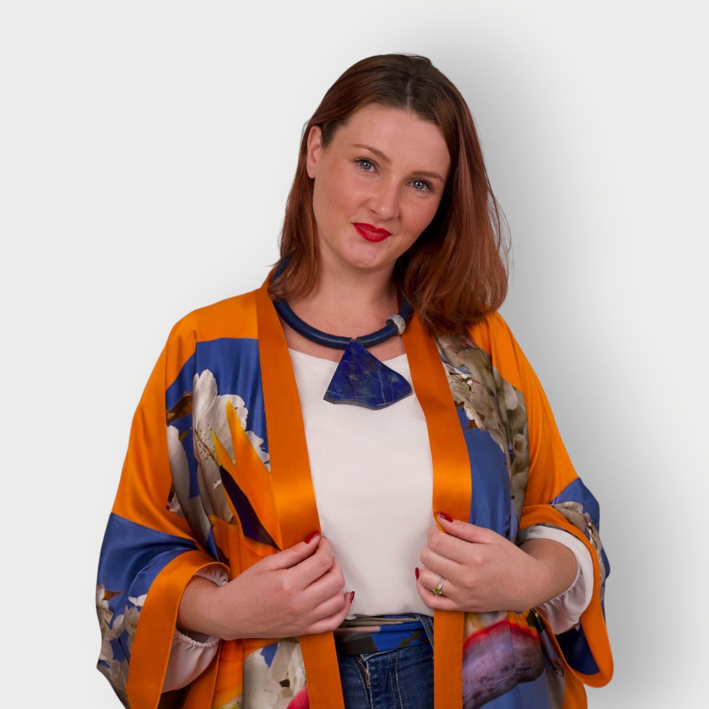 Bird of Paradise Cherry Blossom Silk Kimono styled with Lapis Lazulis Jewelry by Veronique Designs, showcasing a luxurious and elegant ensemble.