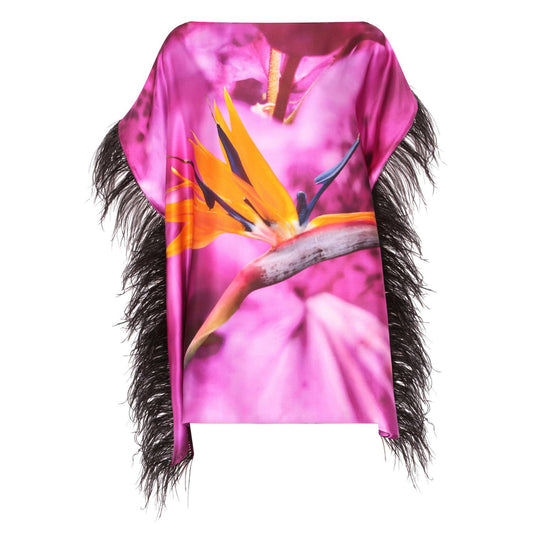 Pink purple top with bird of paradise flower design and  black feather trim on a white background