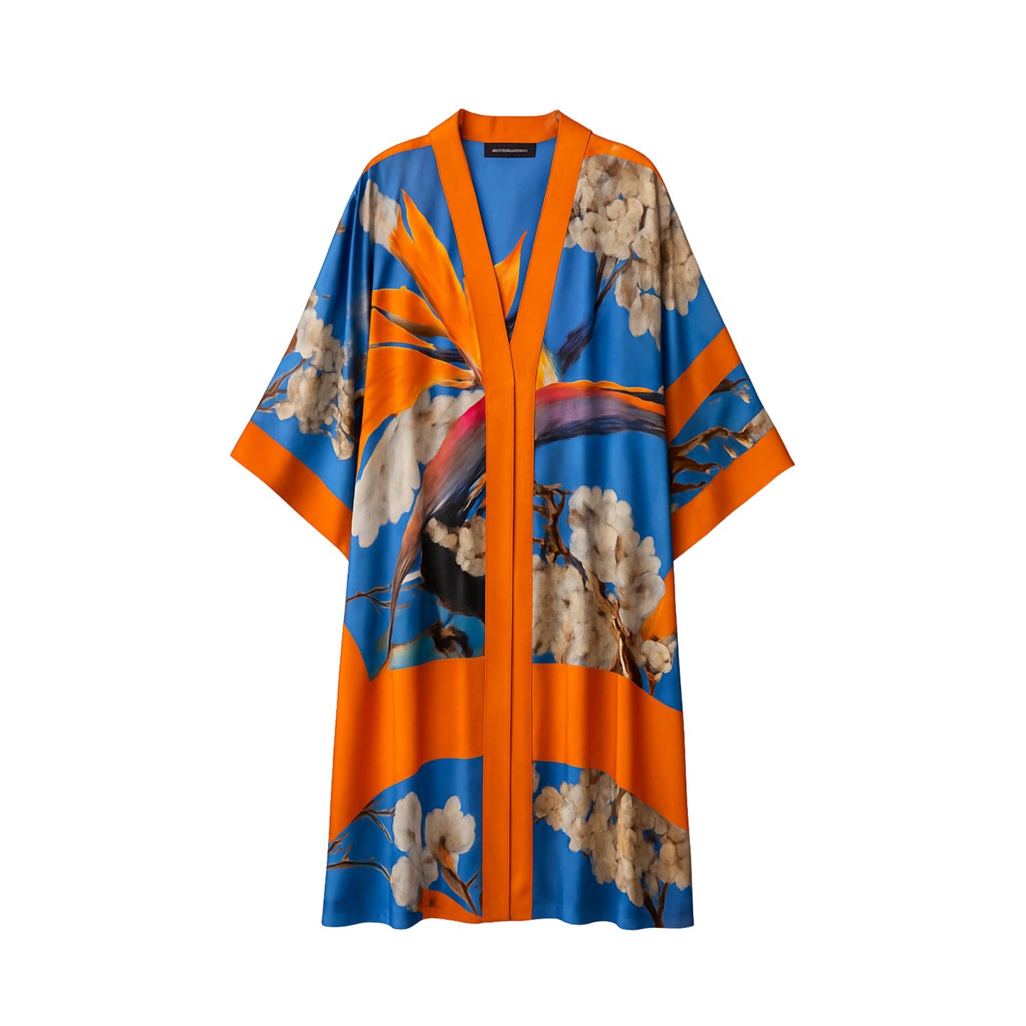 Women's Bird of Paradise Cherry Blossom Plus Size and Mid Size Silk Kimono displayed in a cutout image, highlighting its vibrant design and details.