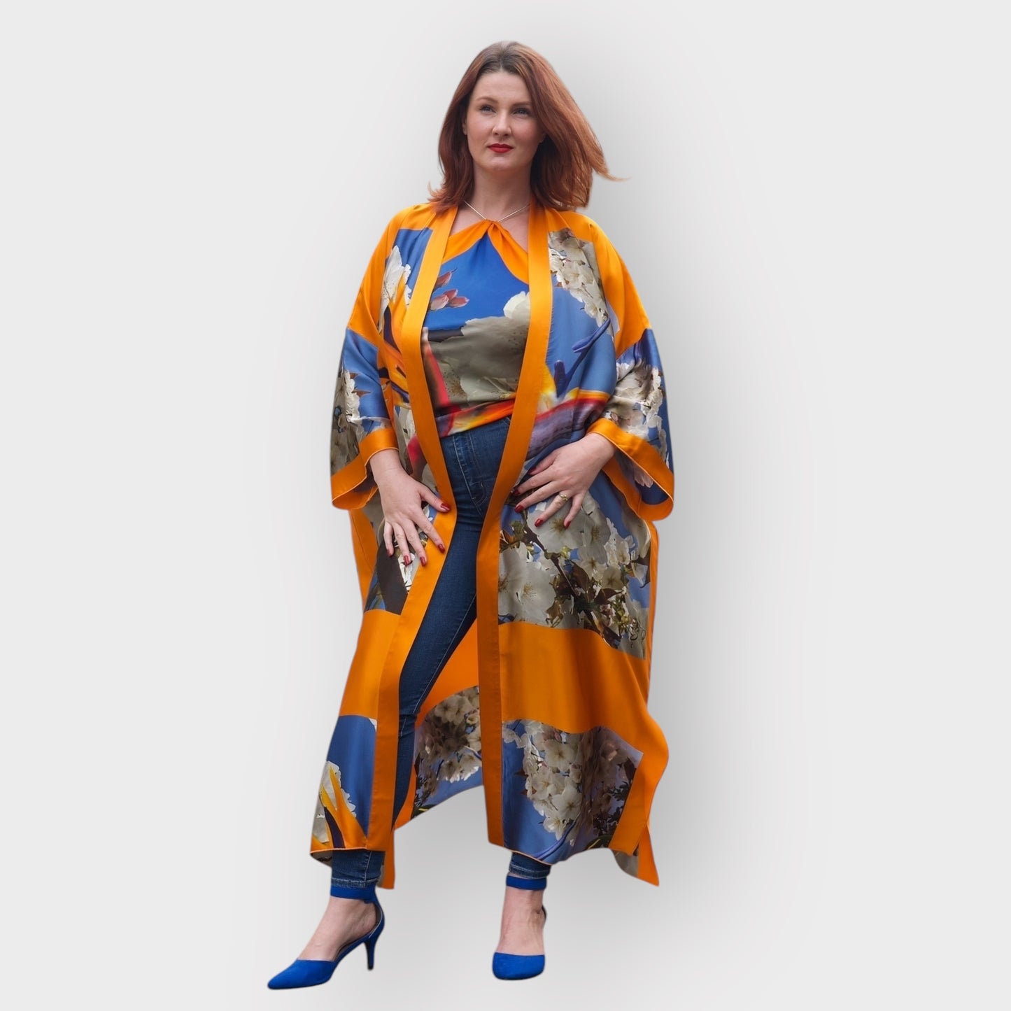 Bird of Paradise White Blue Cherry Blossom Silk Kimono paired with a Cherry Blossom Silk Scarf, as a top, featuring elegant cherry blossom patterns and vibrant colors.