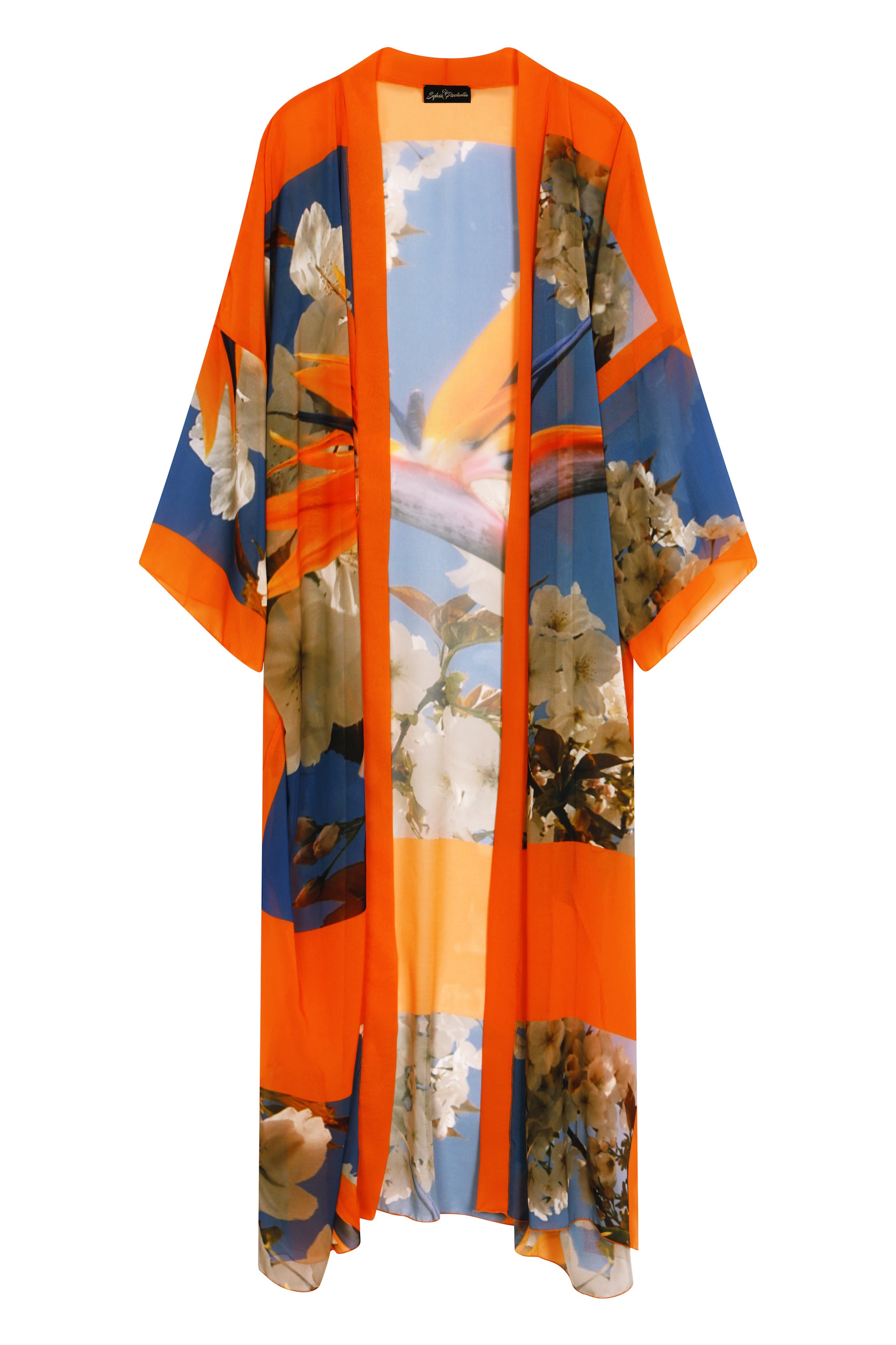 Women's White and Blue Plus Size Georgette Cherry Blossom Kimono displayed on an invisible hanger.