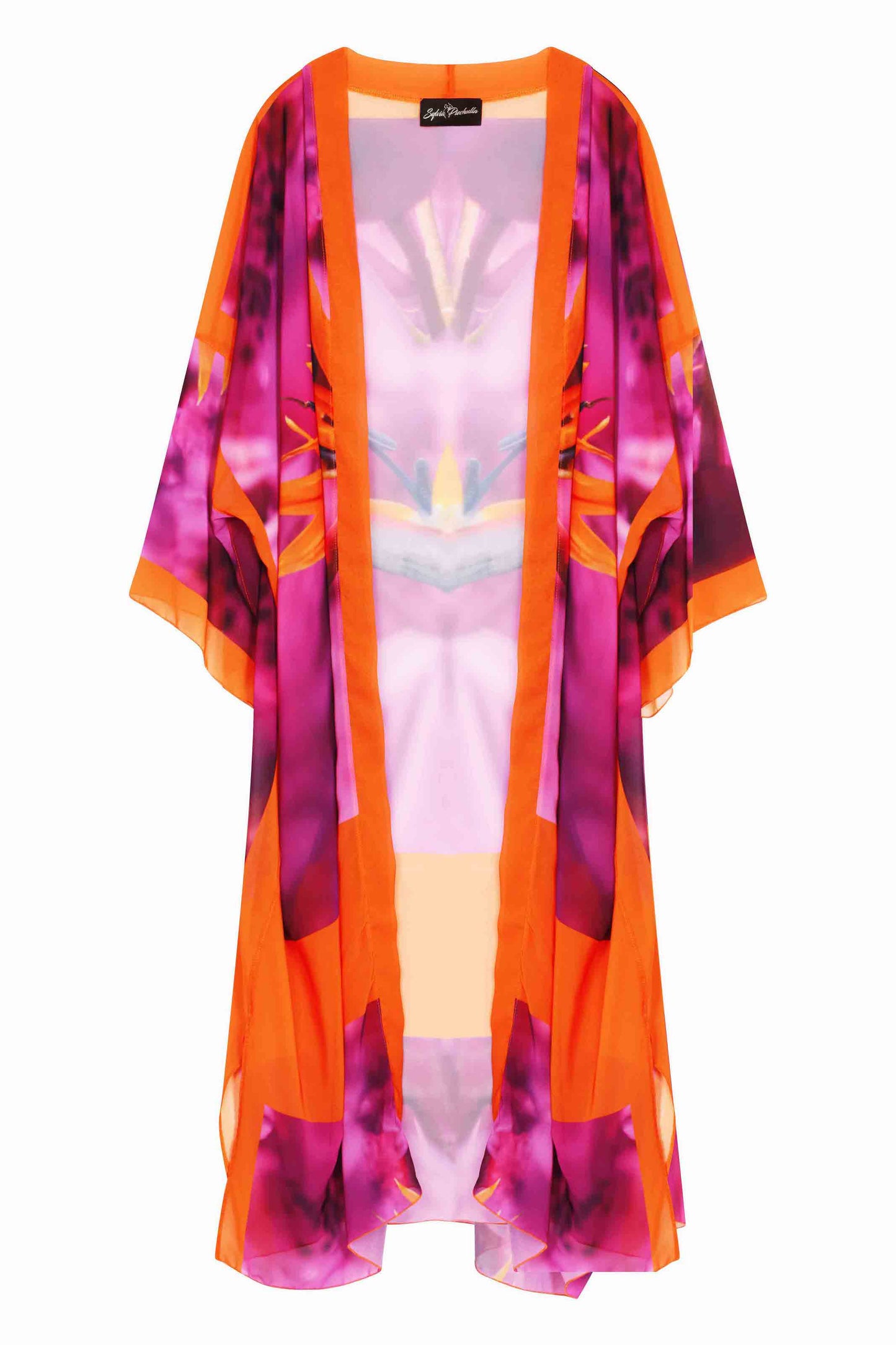 Women's Pink and Purple Plus Size Georgette Kimono displayed on an invisible hanger.