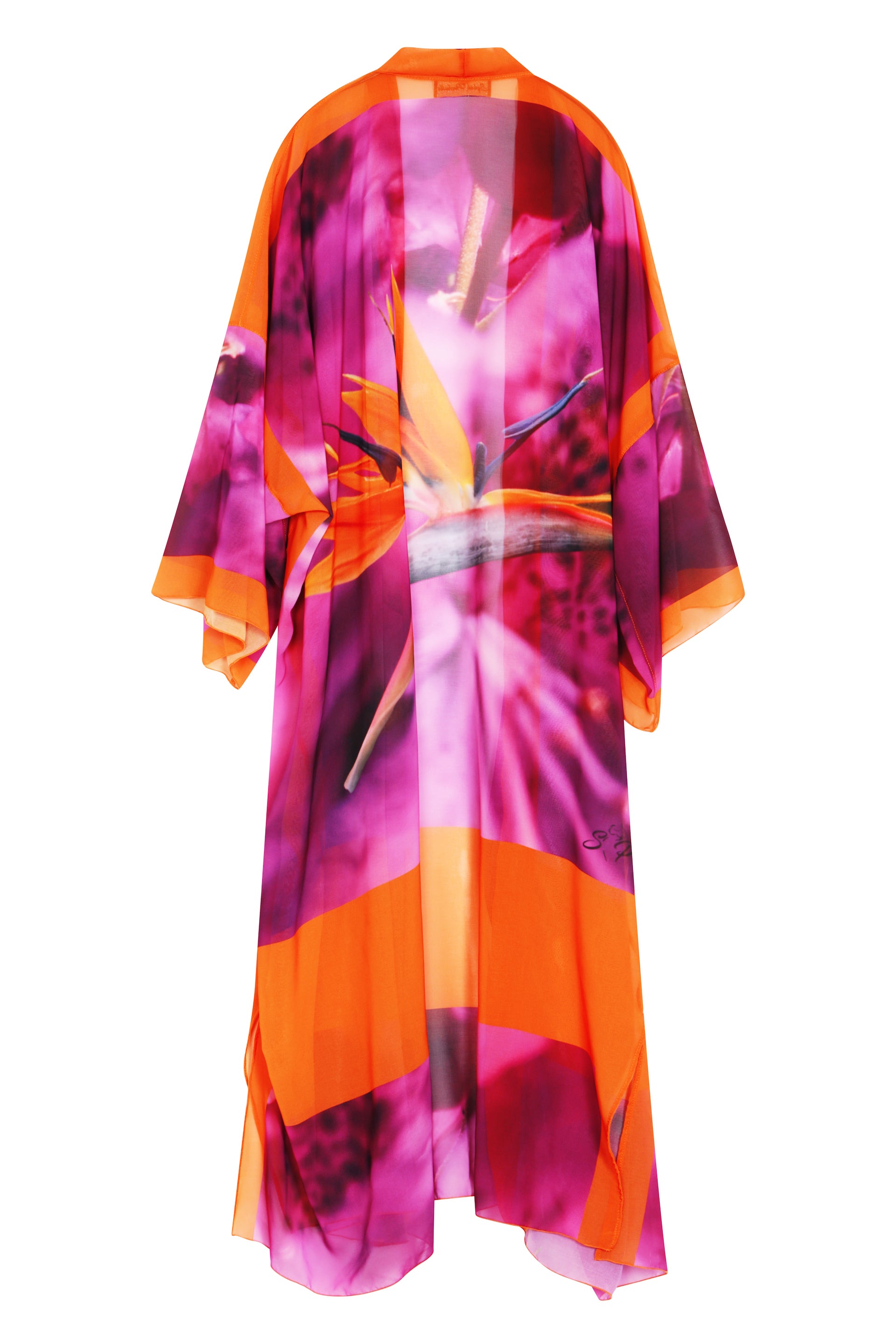 Women's Pink and Purple Plus Size Georgette Kimono displayed on an invisible hanger from the back.