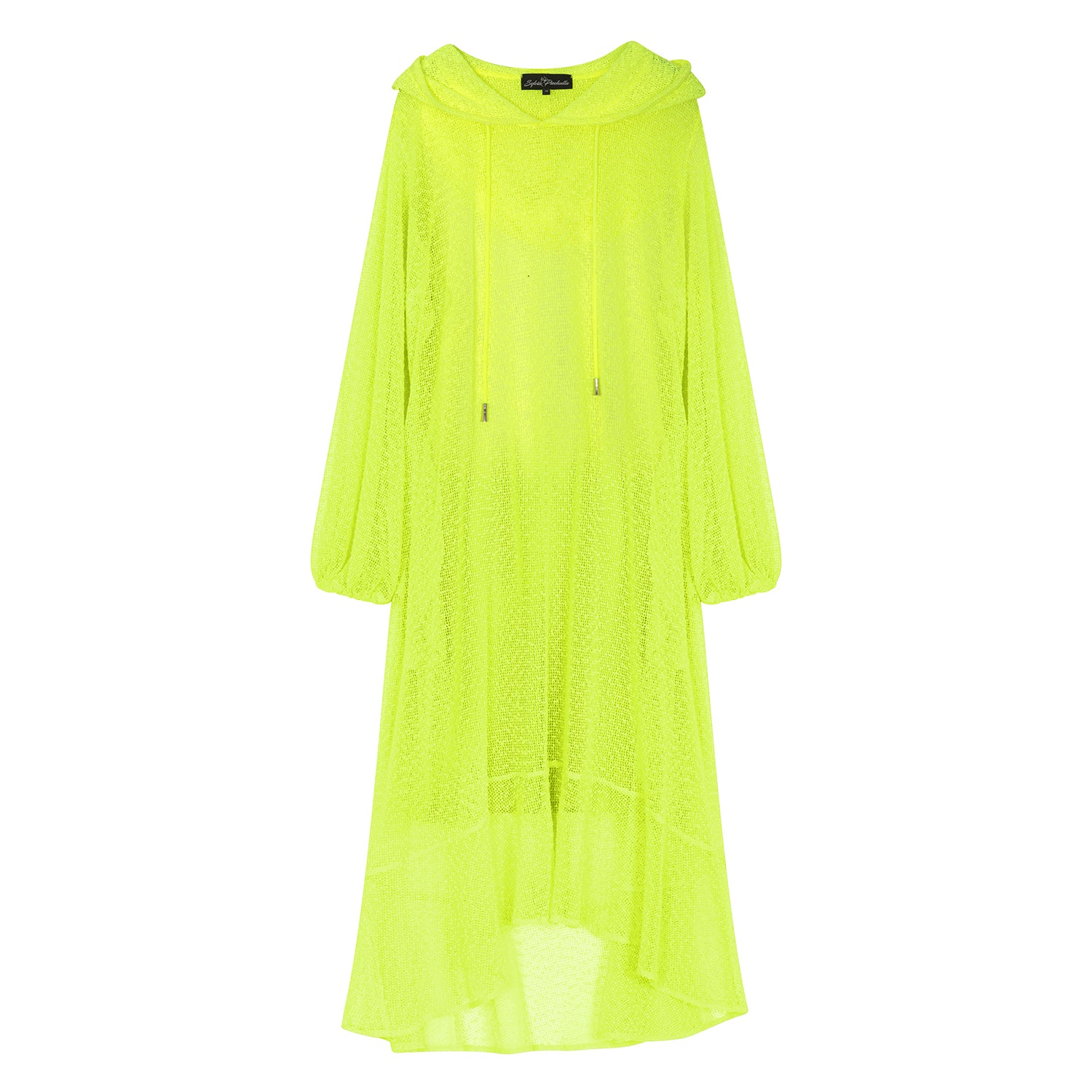 Women's Aphrodite Neon Lime Holiday Resort Dress with hoodie and neon lime undergarment, presented in a cutout image to showcase the vibrant design.