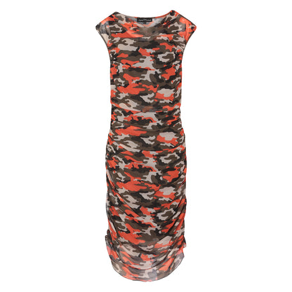 Women's Summer Plus Size and Mid Size  Orange Black Green Camouflage Bodycon Midi Dress displayed as a cutout on an invisible mannequin.