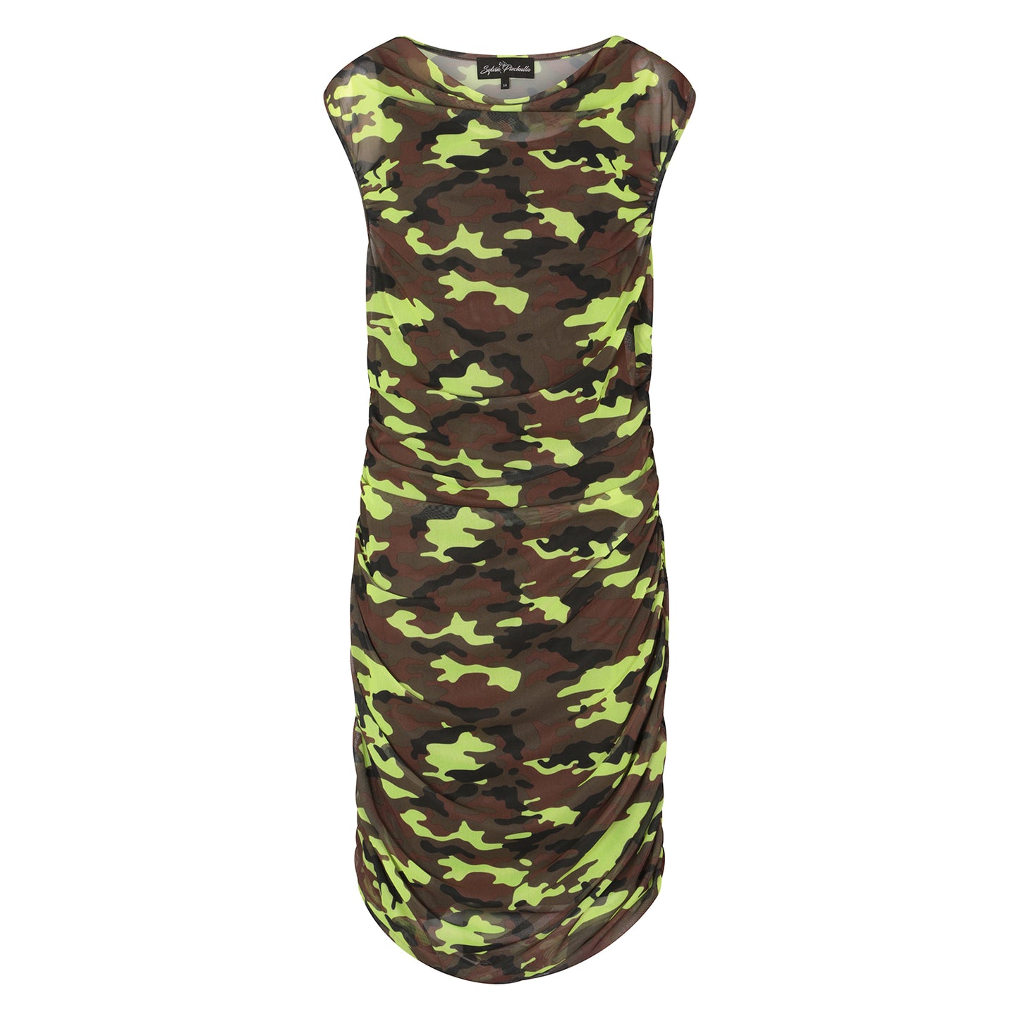 Women's Summer Plus Size and Mid Size Neon Lime Black Brown Camouflage Bodycon Midi Dress displayed as a cutout on an invisible mannequin.