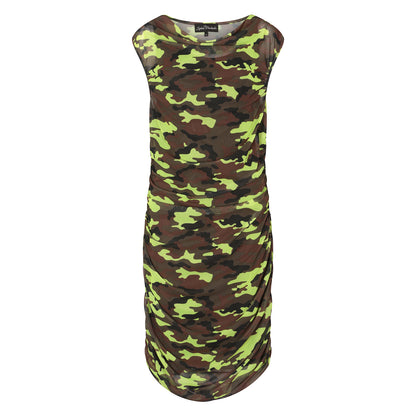 Women's Summer Plus Size and Mid Size Neon Lime Black Brown Camouflage Bodycon Midi Dress displayed as a cutout on an invisible mannequin.