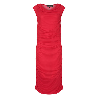 Women's Boudicca Summer Red Ruched Bodycon dress shown in a cutout image to highlight its form-fitting design and ruched detailing.
