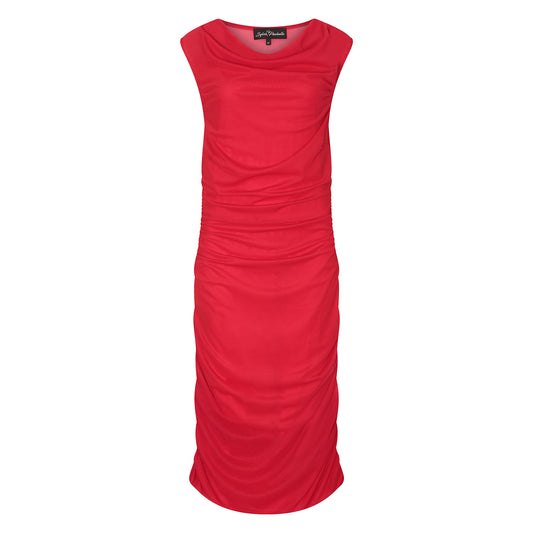 Women's Boudicca Summer Red Ruched Bodycon dress shown in a cutout image to highlight its form-fitting design and ruched detailing.