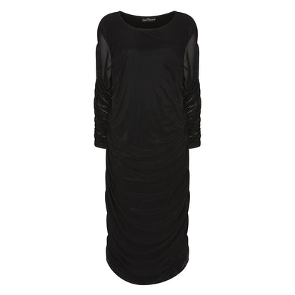 Women's Black Plus Size and Mid Size Boudicca Ruched Bodycon Midi Dress shown as a cutout.
