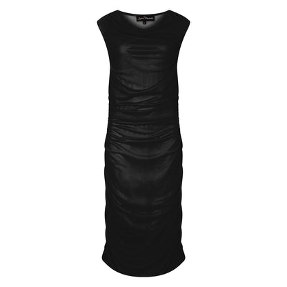 Women's Boudicca Summer Black Ruched Bodycon dress shown in a cutout image to highlight its form-fitting design and ruched detailing.