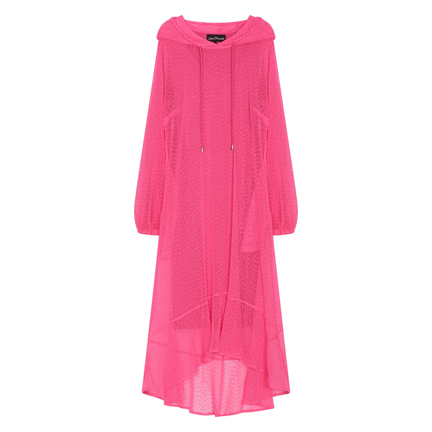 Women's Aphrodite Hot Pink Holiday Resort Dress with hoodie and hot pink  undergarment, presented in a cutout image to showcase the vibrant design.