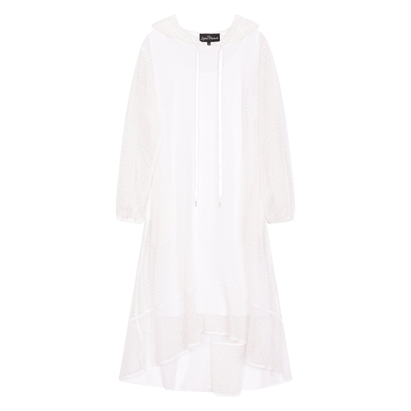 Women's Aphrodite White Holiday Resort Dress with white undergarment and hoodie, shown in a cutout image to highlight its design and details.