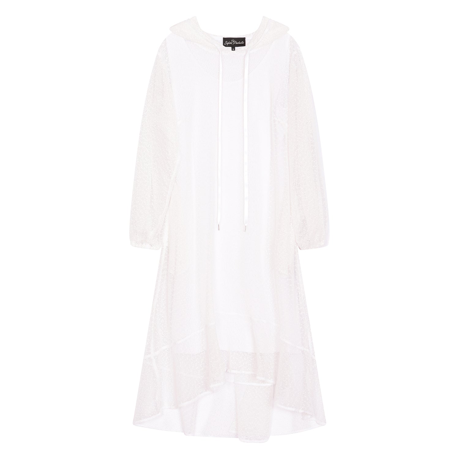 Women's Aphrodite White Holiday Resort Dress with white undergarment and hoodie, shown in a cutout image to highlight its design and details.