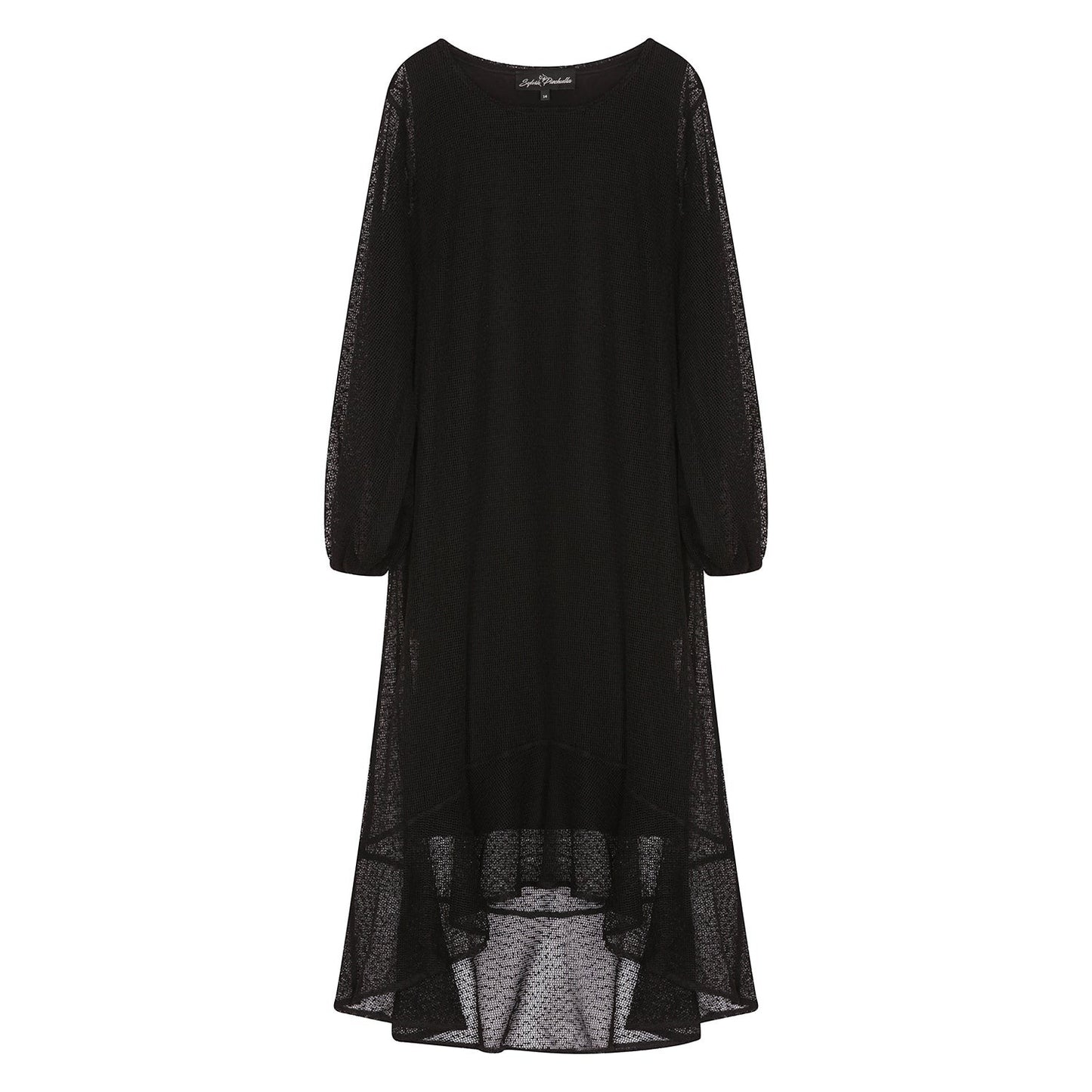 Women's Aphrodite Black Holiday Resort Dress with black undergarment, shown in a cutout image to highlight its design and details.