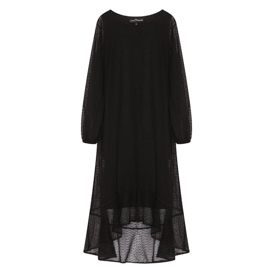 Women's Aphrodite Black Holiday Resort Dress with black undergarment, shown in a cutout image to highlight its design and details.