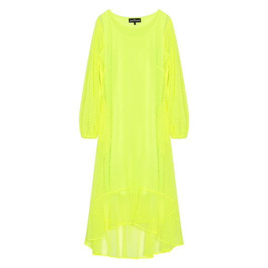 Women's Aphrodite Neon Lime Holiday Resort Dress with neon lime undergarment, presented in a cutout image to showcase the vibrant design.