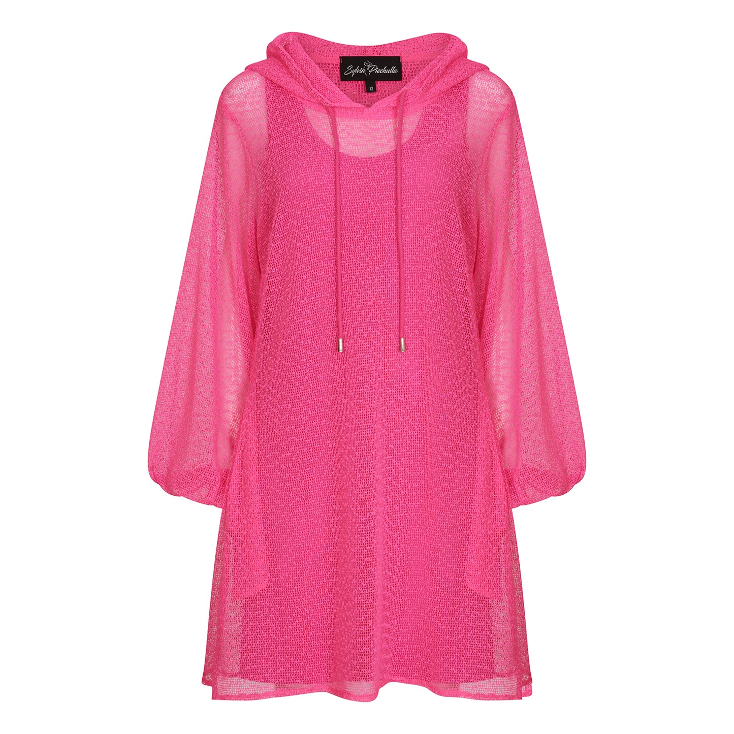 Plus Size Aphrodite Hot Pink Holiday Resort Dress with matching hot pink undergarment and hoodie on mannequin. Short Version as a cut out from the front.