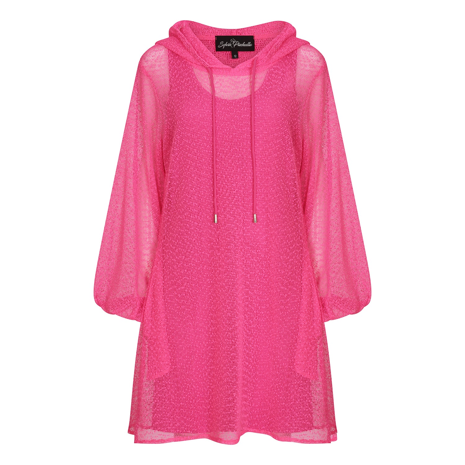 Plus Size Aphrodite Hot Pink Holiday Resort Dress with matching hot pink undergarment and hoodie on mannequin. Short Version as a cut out from the front.