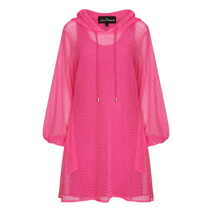 Plus Size Aphrodite Hot Pink Holiday Resort Dress with matching hot pink undergarment and hoodie on mannequin. Short Version as a cut out from the front.