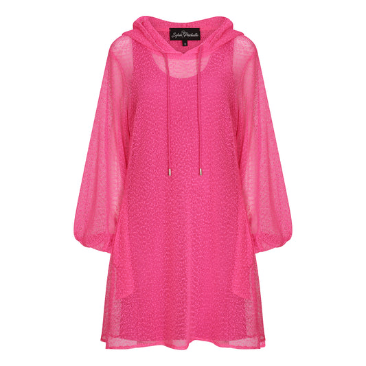 Plus Size Aphrodite Hot Pink Holiday Resort Dress with matching hot pink undergarment and hoodie on mannequin. Short Version as a cut out from the front.
