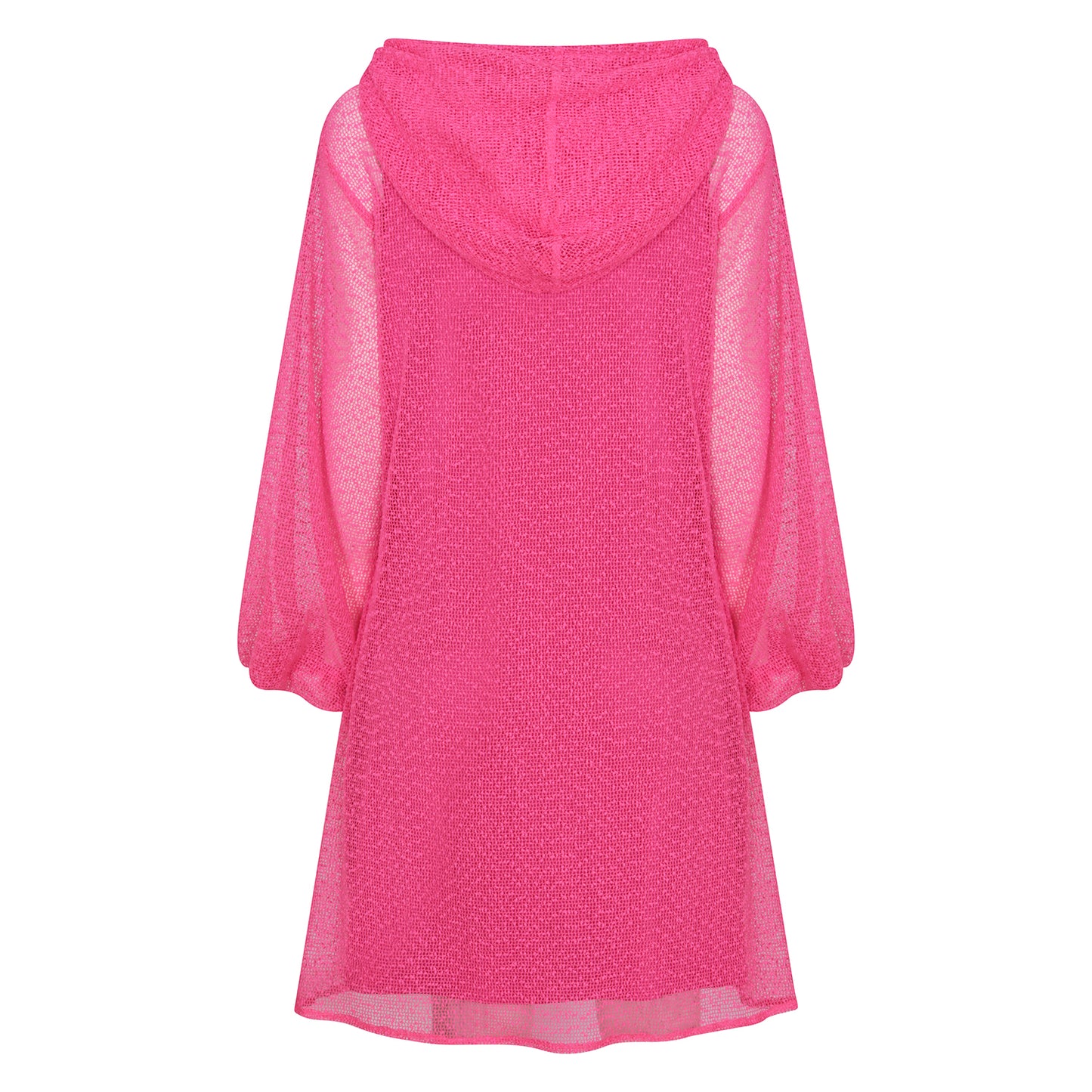 Plus Size Aphrodite Hot Pink Holiday Resort Dress with matching hot pink undergarment and hoodie on mannequin. Short Version as a cut out from the black.