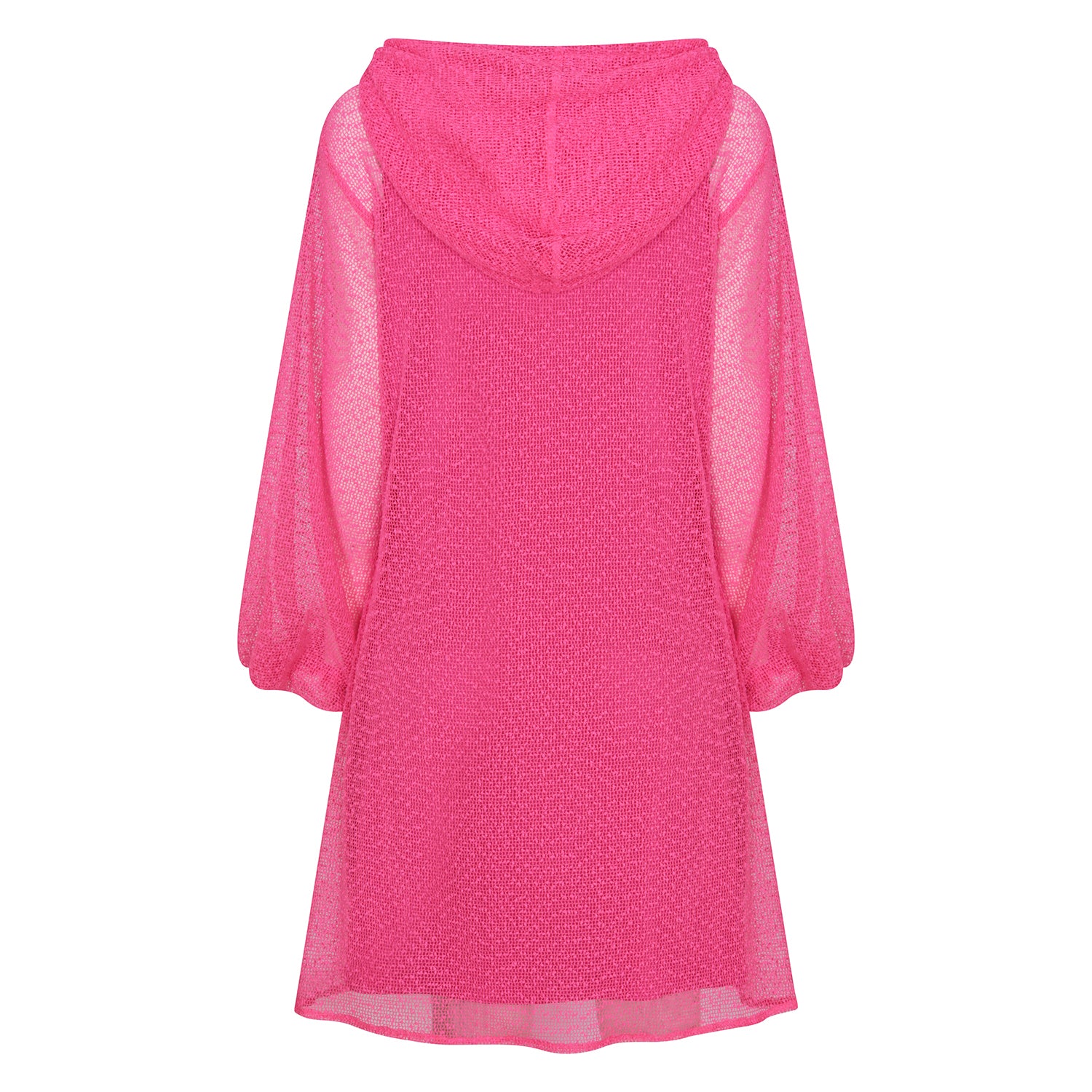 Plus Size Aphrodite Hot Pink Holiday Resort Dress with matching hot pink undergarment and hoodie on mannequin. Short Version as a cut out from the black.