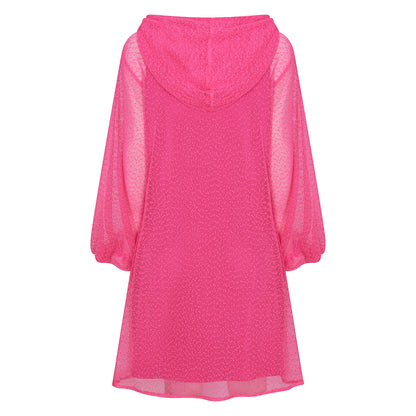 Plus Size Aphrodite Hot Pink Holiday Resort Dress with matching hot pink undergarment and hoodie on mannequin. Short Version as a cut out from the black.