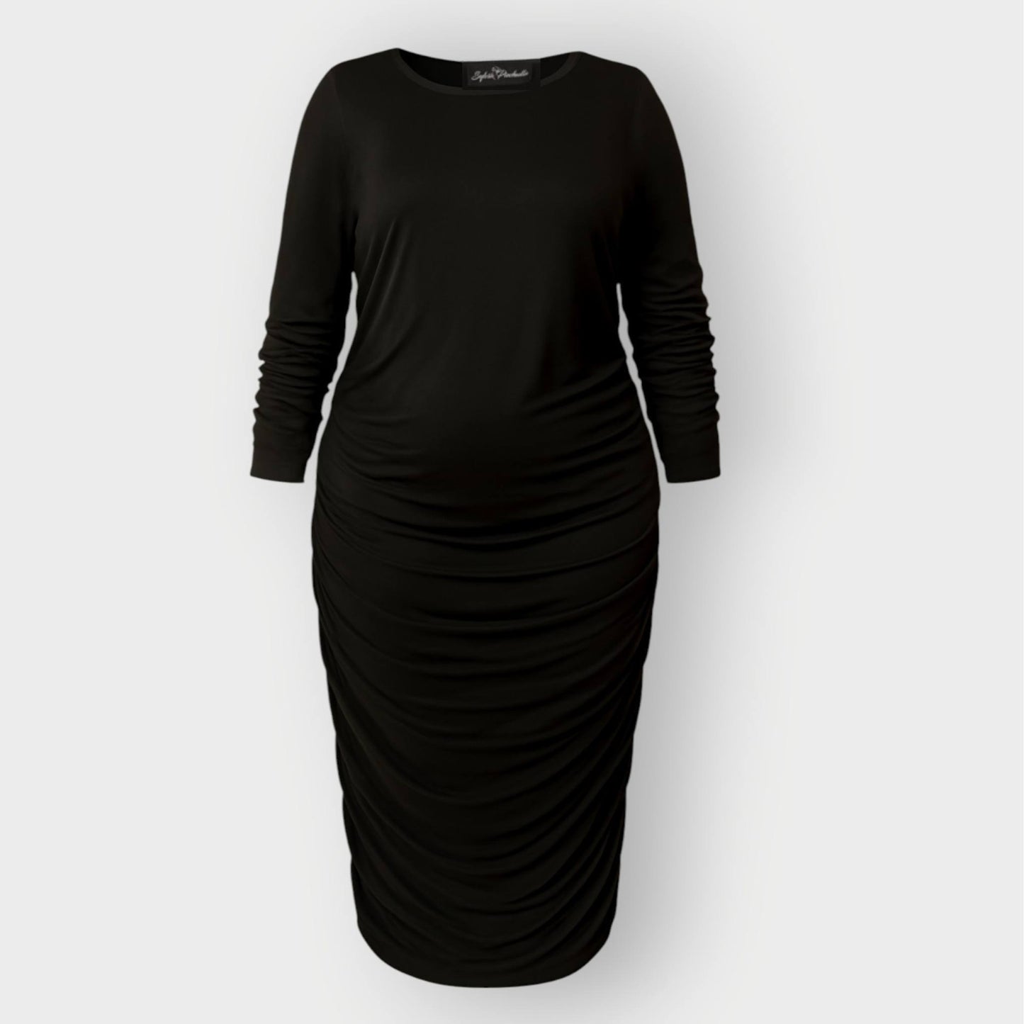 Women's Black Plus Size and Mid Size Boudicca Ruched Bodycon Midi Dress shown as a cutout.