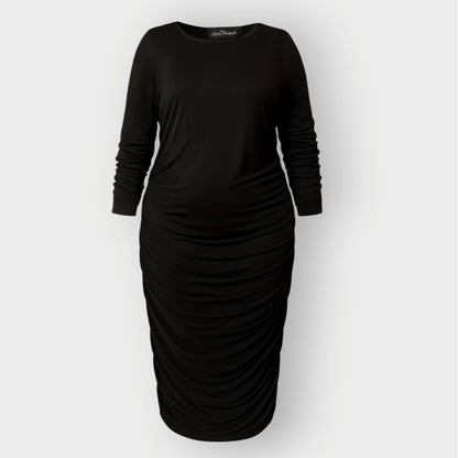 Women's Black Plus Size and Mid Size Boudicca Ruched Bodycon Midi Dress shown as a cutout.