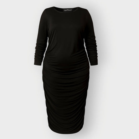 Women's Black Plus Size and Mid Size Boudicca Ruched Bodycon Midi Dress shown as a cutout.