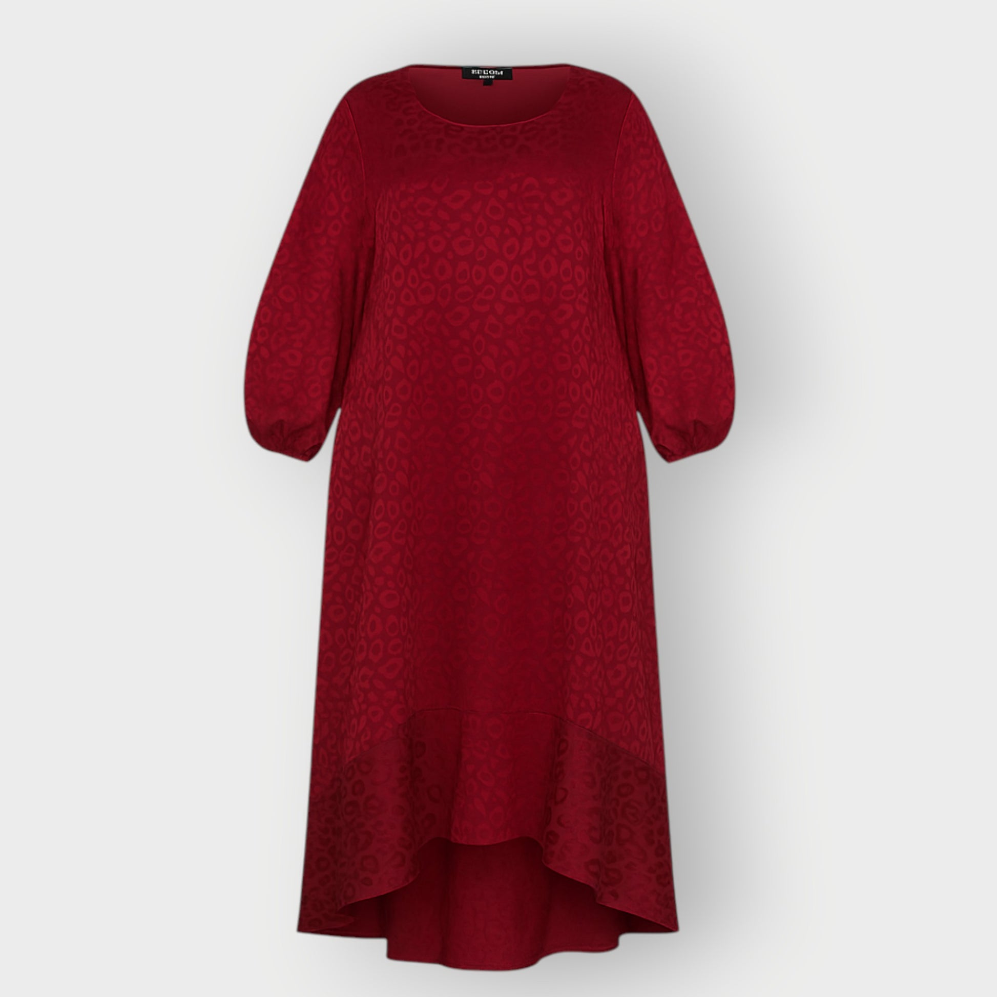 Red Burgundy Leopard Jacquard Dress with Bisphop Sleeves and  bottom flounce as a cut out from the front.