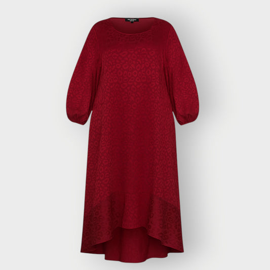 Red Burgundy Leopard Jacquard Dress with Bisphop Sleeves and  bottom flounce as a cut out from the front.