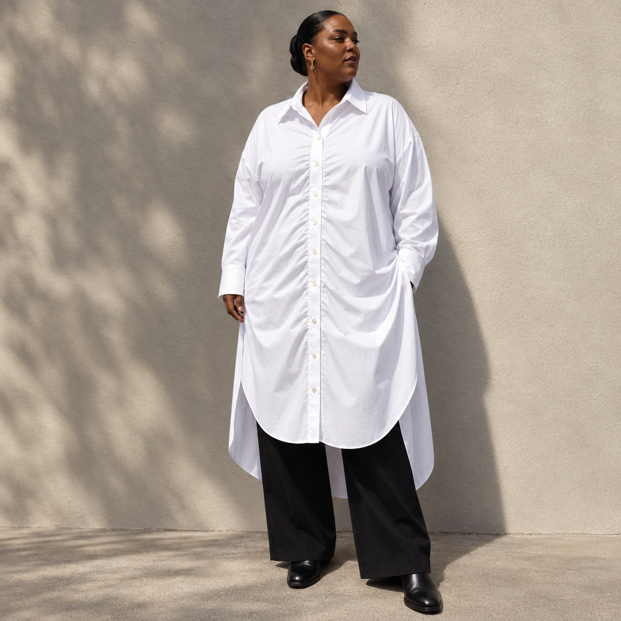 Plus Size White Ruched Longline Cotton Poplin Shirt Dress