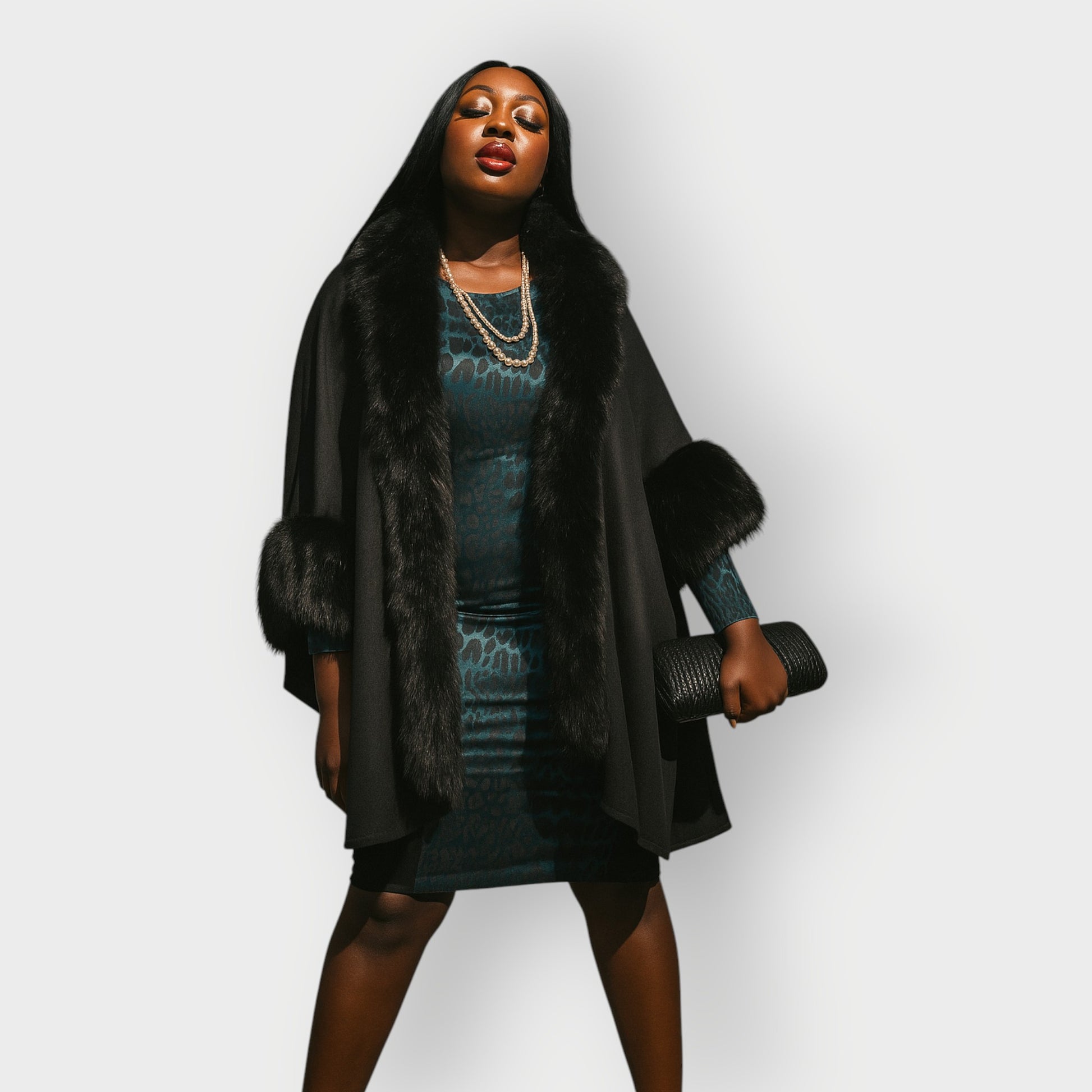 Women's Plus Size Black Forest Green Bodycon Midi Leopard  Jacquard Dress styled with a black clutch and faux fur coat for an elegant, polished look.White Background.