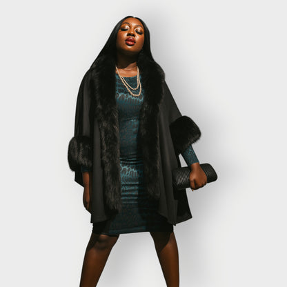 Women's Plus Size Black Forest Green Bodycon Midi Leopard  Jacquard Dress styled with a black clutch and faux fur coat for an elegant, polished look.White Background.
