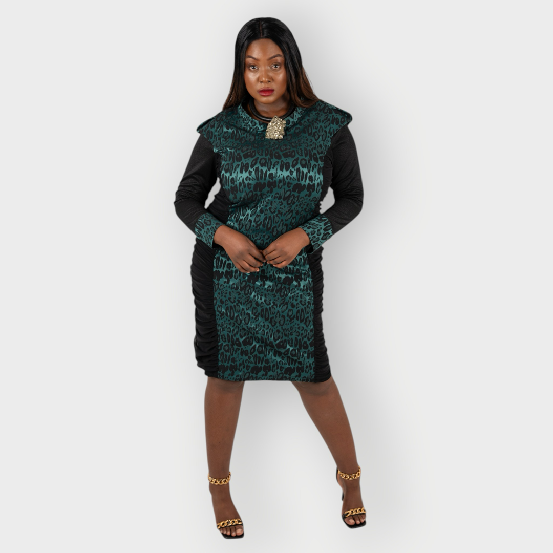 Women's Plus Size Black Forest Green Bodycon Midi Leopard  Jacquard Dress styled with black heels for an elegant, polished look.White Background.