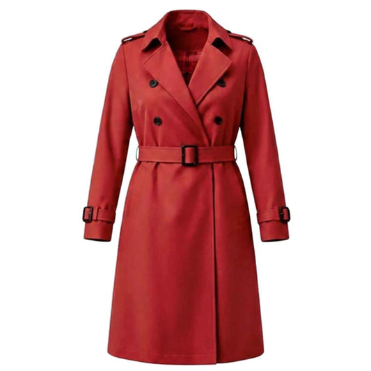 A red double-breasted trench coat with a matching waist belt and black buttons, shown on a plain white background.