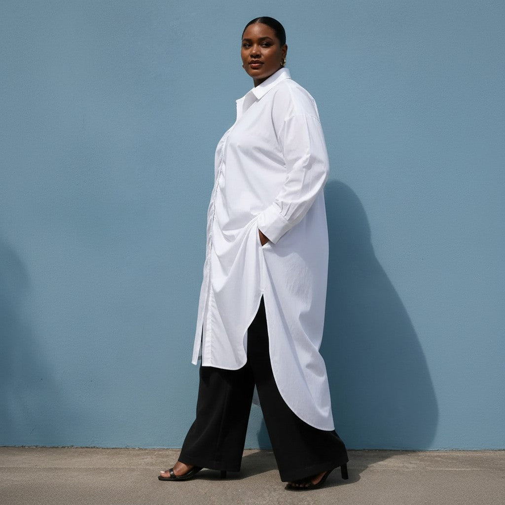 Plus Size White Ruched Longline Cotton Poplin Shirt Dress