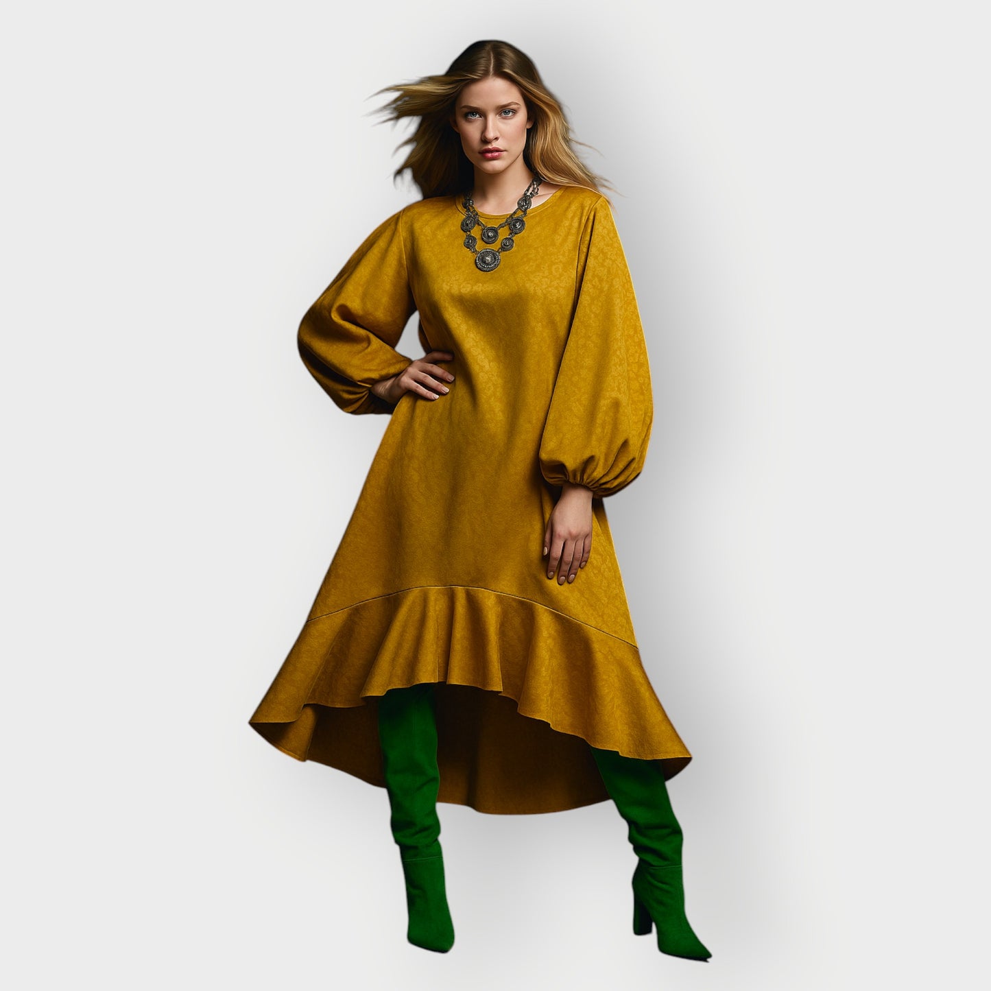Woman wearing a mustard yellow dress with green boots on a white background